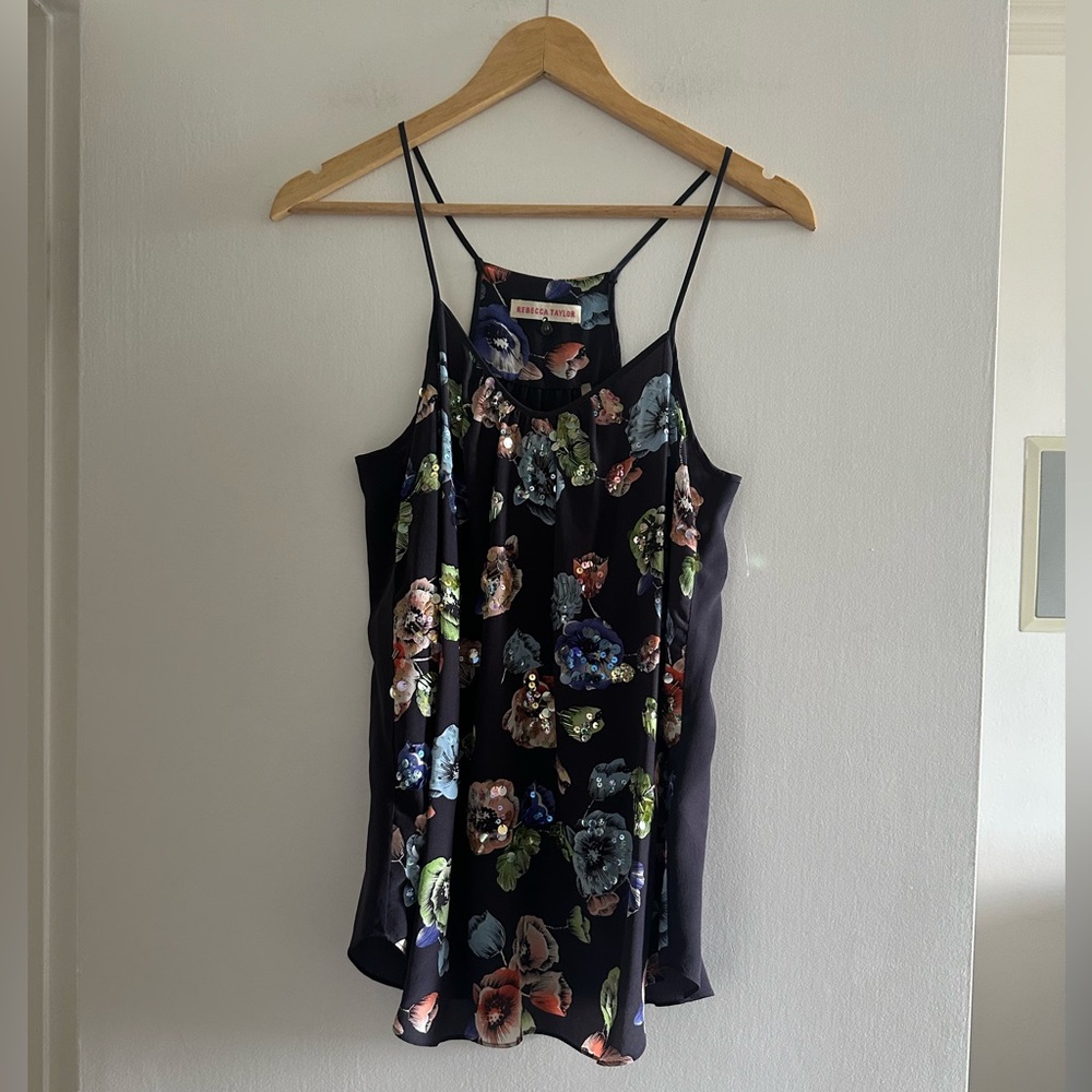 Rebecca Taylor Black Multicolor Floral Sequin Silk Tank Top size 6 EUC - Picture 4 of 8